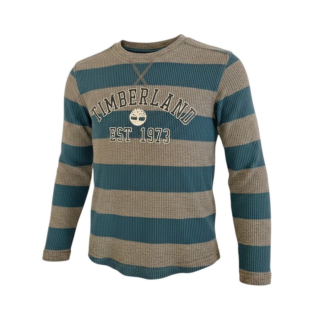 Timberland Boys Thermal Knit Shirt Teal Gray Striped Long Sleeve 7